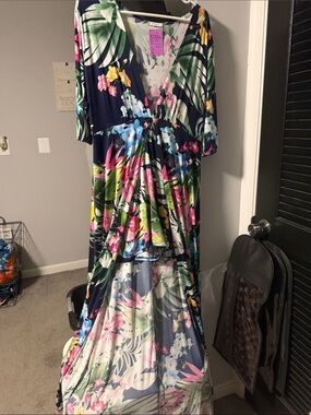 High-Low Tropical Floral Maxi Dress in Navy